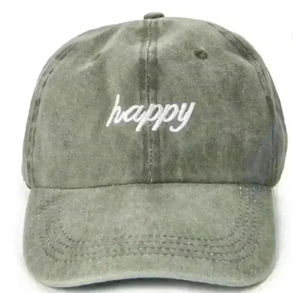 "Happy" Olive Green Camp Baseball Cap. Embroidered Casual Outdoor Adjustable - Picture 2 of 8